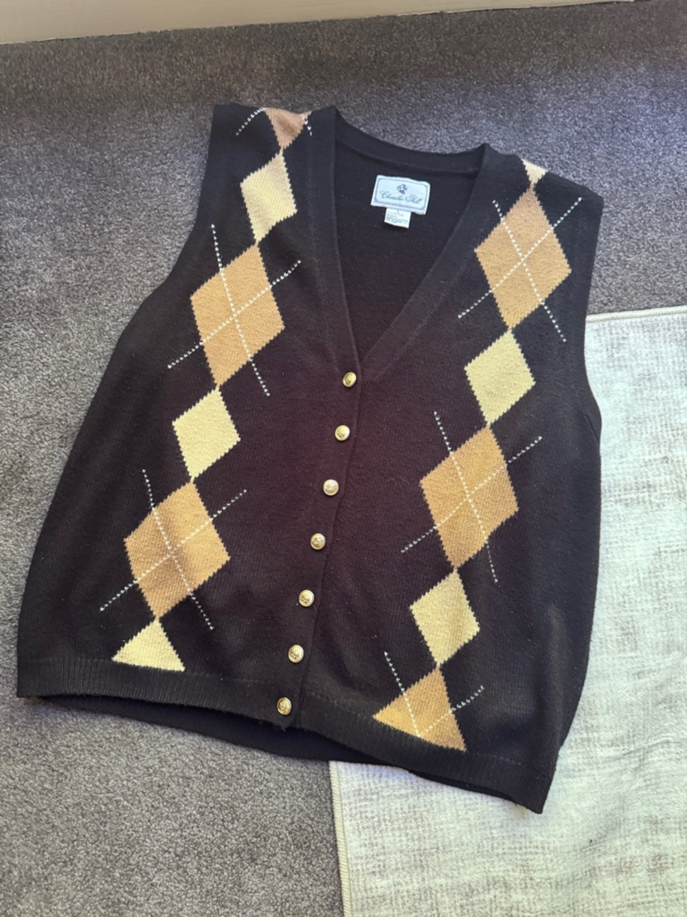 Chandler Hill Knit Sweater Vest Argyle Black Beige Brown Button L